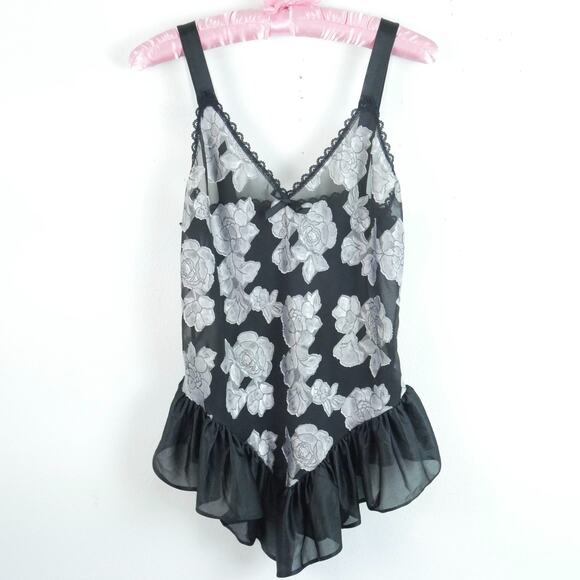 Unbranded Other - Vintage Medium Slip Top Sheer Floral Ruffle Dainty Coquette Black 90s Grunge